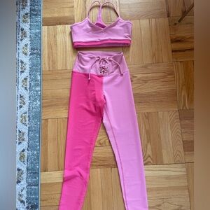 LoveShackFancy Two-Tone Pink Lace-Up High Waist Leggings with Matching Bralette